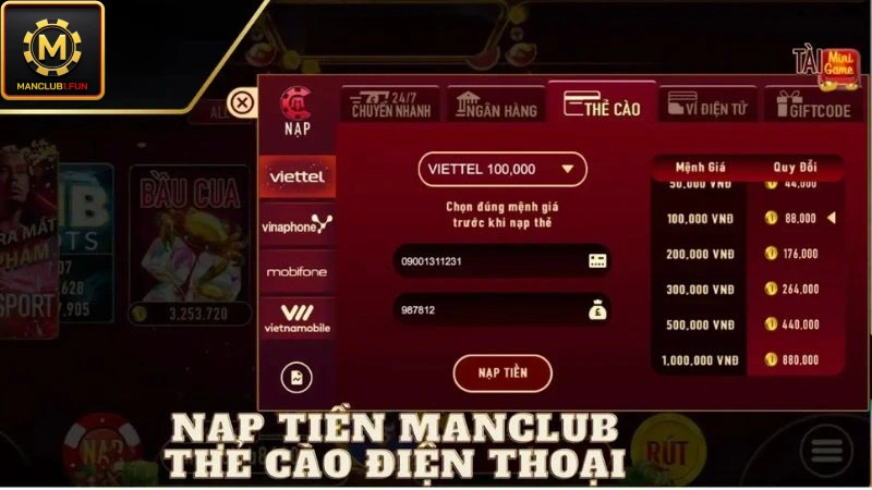 Các bước nạp thưởng bằng thẻ cào điện thoại